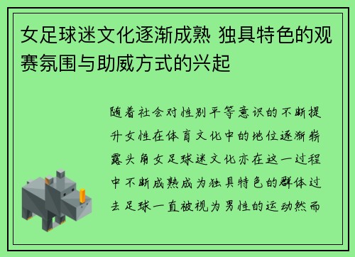 女足球迷文化逐渐成熟 独具特色的观赛氛围与助威方式的兴起 女足球迷文化逐渐成熟 独具特色的观赛氛围与助威方式的兴起